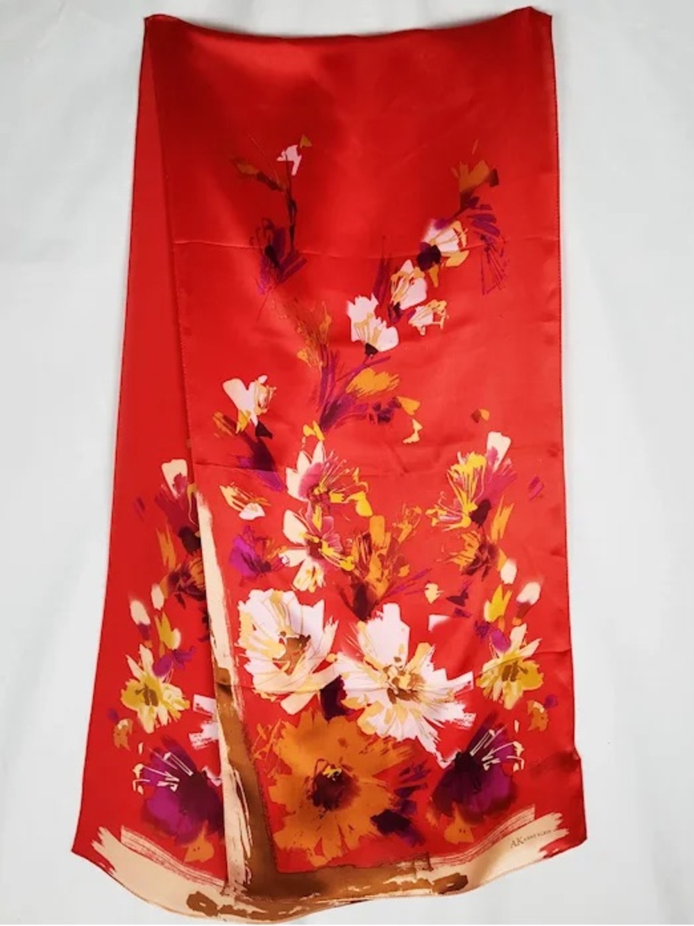 Vintage Anne Klein 100% Silk Scarf Brilliant Red Floral Print Long Rectangular